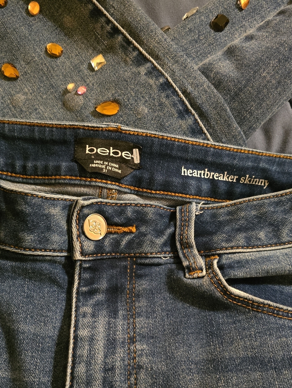 bebe Jeans Women's Size 12 Blue Heartbreaker Skinny Jewel Accents Rips